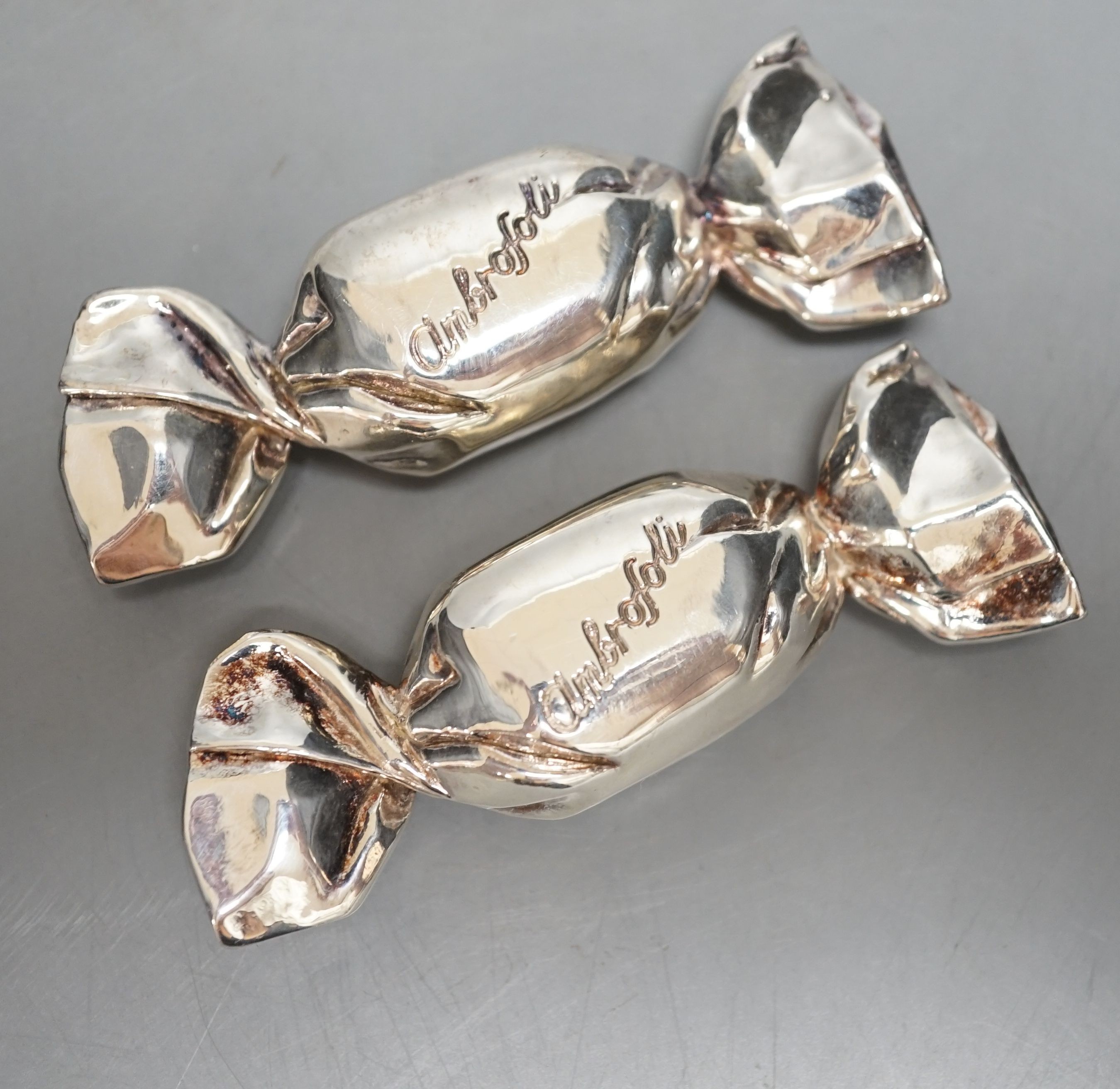 Two modern Italian Boggiali novelty white metal 'sweets', both inscribed Ambrofoli, in box with certificates.